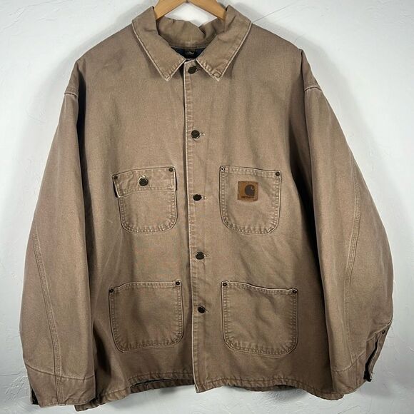🔥Vintage Carhartt Detroit Jacket Blanket Lined Button Corduroy Collar TAN - 2XL - Picture 1 of 9